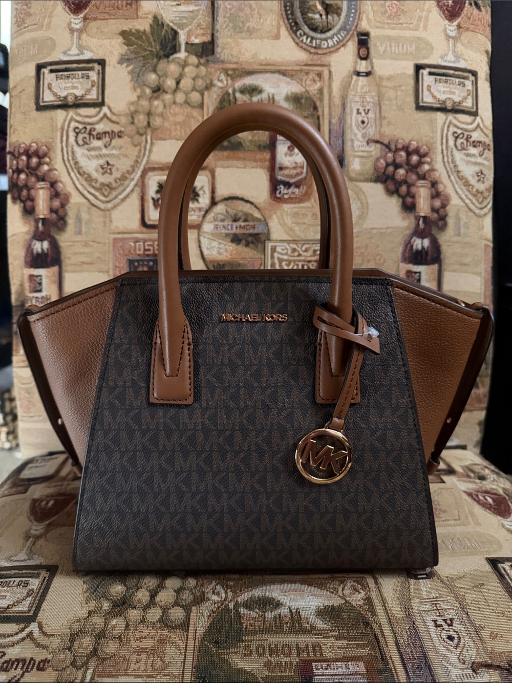 Michael Kors Dark Brown Logo & Tan Trim Satchel